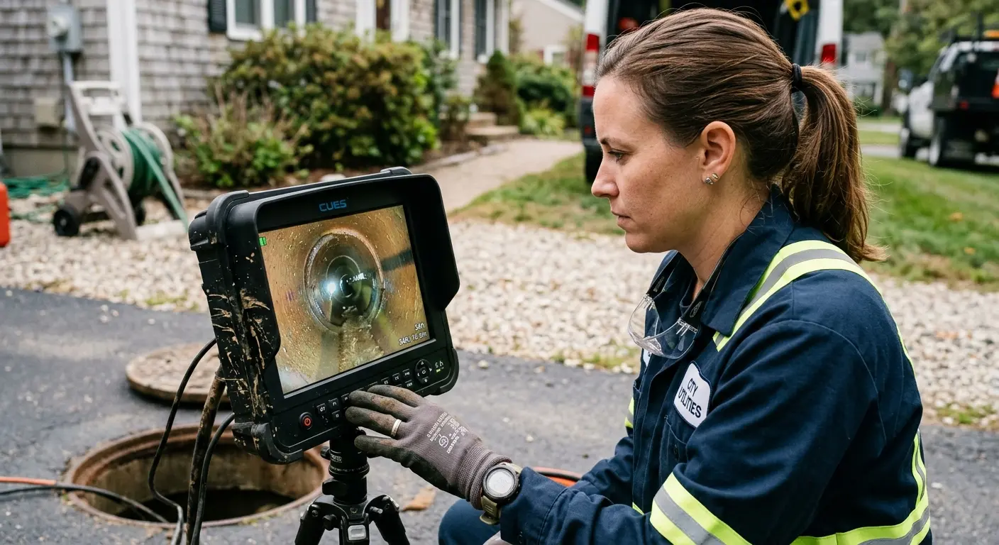 Technician reviewing sewer camera inspection footage in Elizabethtown
