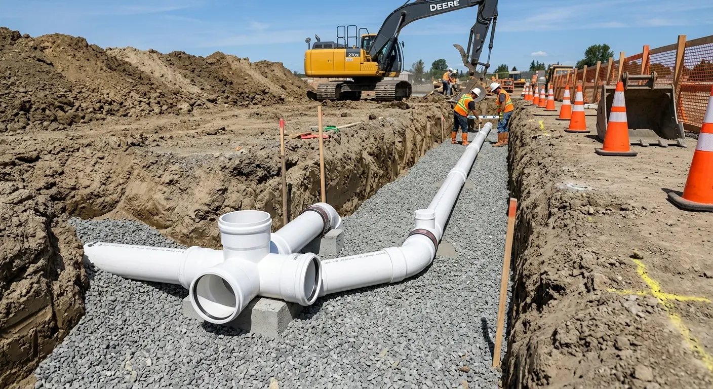 New PVC sewer pipe installation in open trench for Grease Trap Cleaning in Elizabethtown