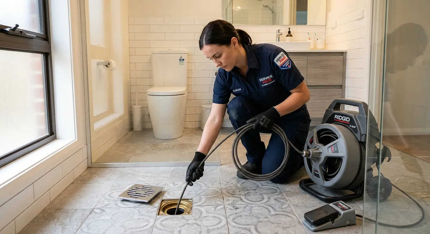 Technician clearing a bathroom floor drain for Sewer Line Installation in Elizabethtown